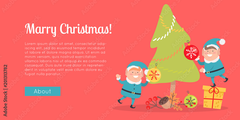 Merry Christmas Web Banner Two Elves in Blue Suits Merry Christmas Web Banner Two Elves in Blue Suits