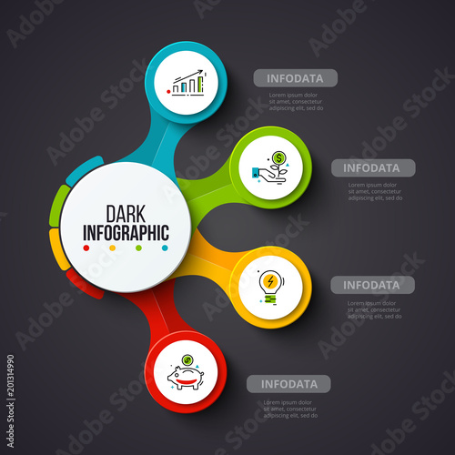 Vector circles on a dark background. Can be used for presentation, diagrams, annual report, web design. Business infographic concept with 4 options, steps or processes.