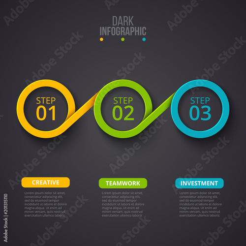 Dark vector infographic design template. Business concept with 3 options, parts, steps or processes. Can be used for workflow layout, diagram, number options, web design. Data visualization.