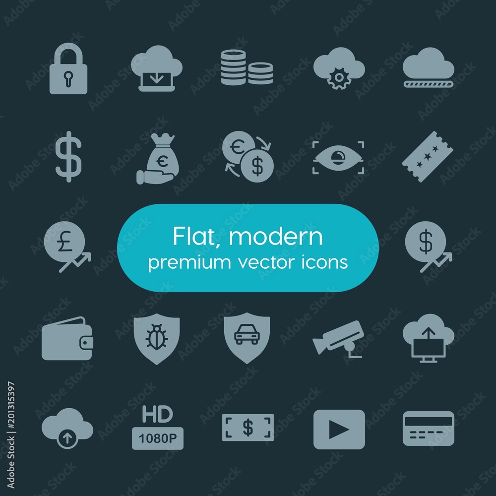 Modern Simple Set of money, cloud and networking, security, video Vector fill Icons. ..Contains such Icons as cash, investment, coin, usd and more on dark background. Fully Editable. Pixel Perfect. Modern Simple Set of money, cloud and networking, security, video Vector fill Icons. ..Contains such Icons as cash, investment, coin, usd and more on dark background. Fully Editable. Pixel Perfect.