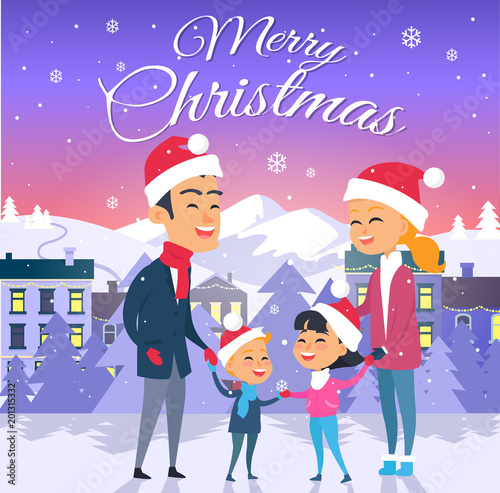 Postcard with Merry Christmas on City Background
