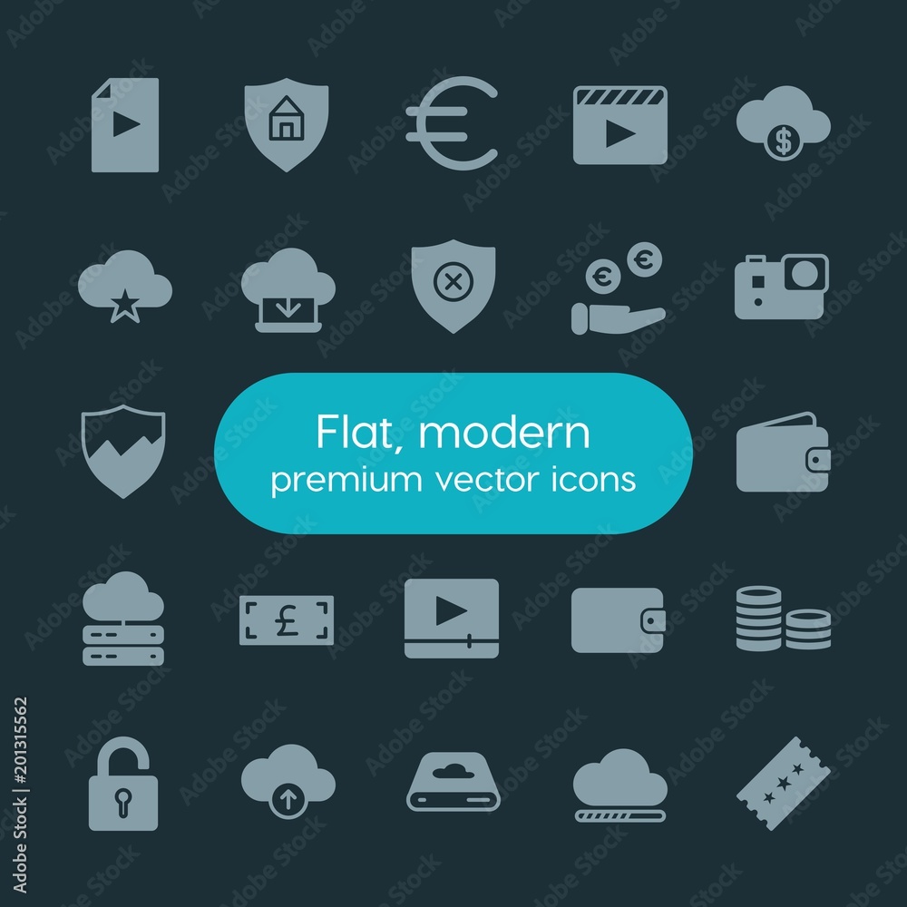 Modern Simple Set of money, cloud and networking, security, video Vector fill Icons. ..Contains such Icons as  coin, purse, security, movie and more on dark background. Fully Editable. Pixel Perfect.