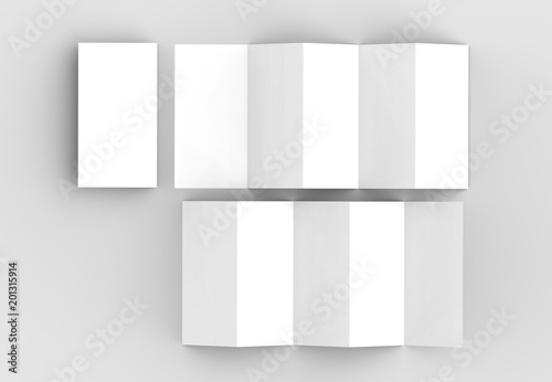 10 page leaflet, 5 panel accordion fold vertical brochure mock up isolated on light gray background. 3D illustrating. photo