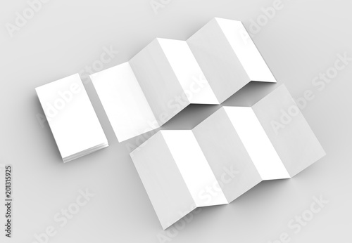 10 page leaflet, 5 panel accordion fold vertical brochure mock up isolated on light gray background. 3D illustrating.