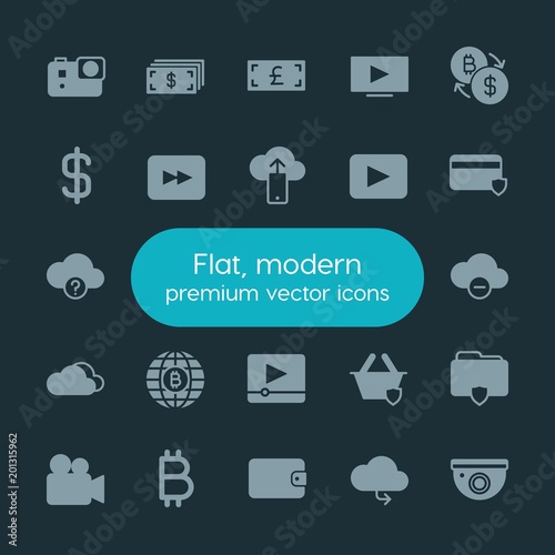 Modern Simple Set of money, cloud and networking, security, video Vector fill Icons. ..Contains such Icons as  network,  icon,  information and more on dark background. Fully Editable. Pixel Perfect. © djvectors