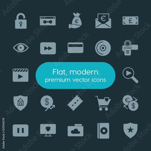 Modern Simple Set of money, cloud and networking, security, video Vector fill Icons. ..Contains such Icons as  internet,  music,  protection and more on dark background. Fully Editable. Pixel Perfect.