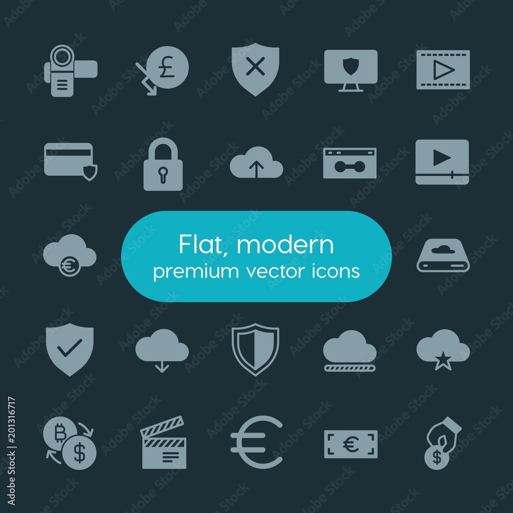 Modern Simple Set of money, cloud and networking, security, video Vector fill Icons. ..Contains such Icons as movie, symbol, film, euro and more on dark background. Fully Editable. Pixel Perfect. Modern Simple Set of money, cloud and networking, security, video Vector fill Icons. ..Contains such Icons as movie, symbol, film, euro and more on dark background. Fully Editable. Pixel Perfect.