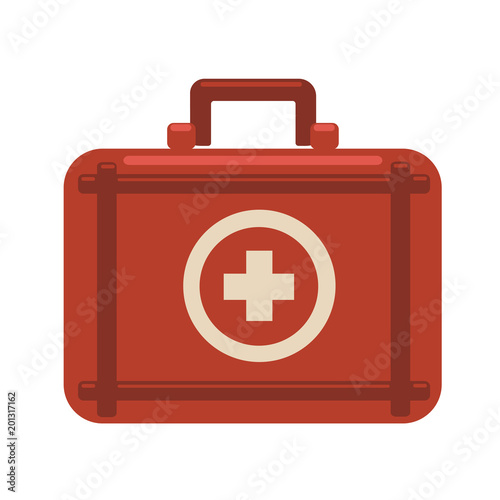 First aid kit. Red medicine chest with white cross. Vector flat icon illustration, isolated image on white background.