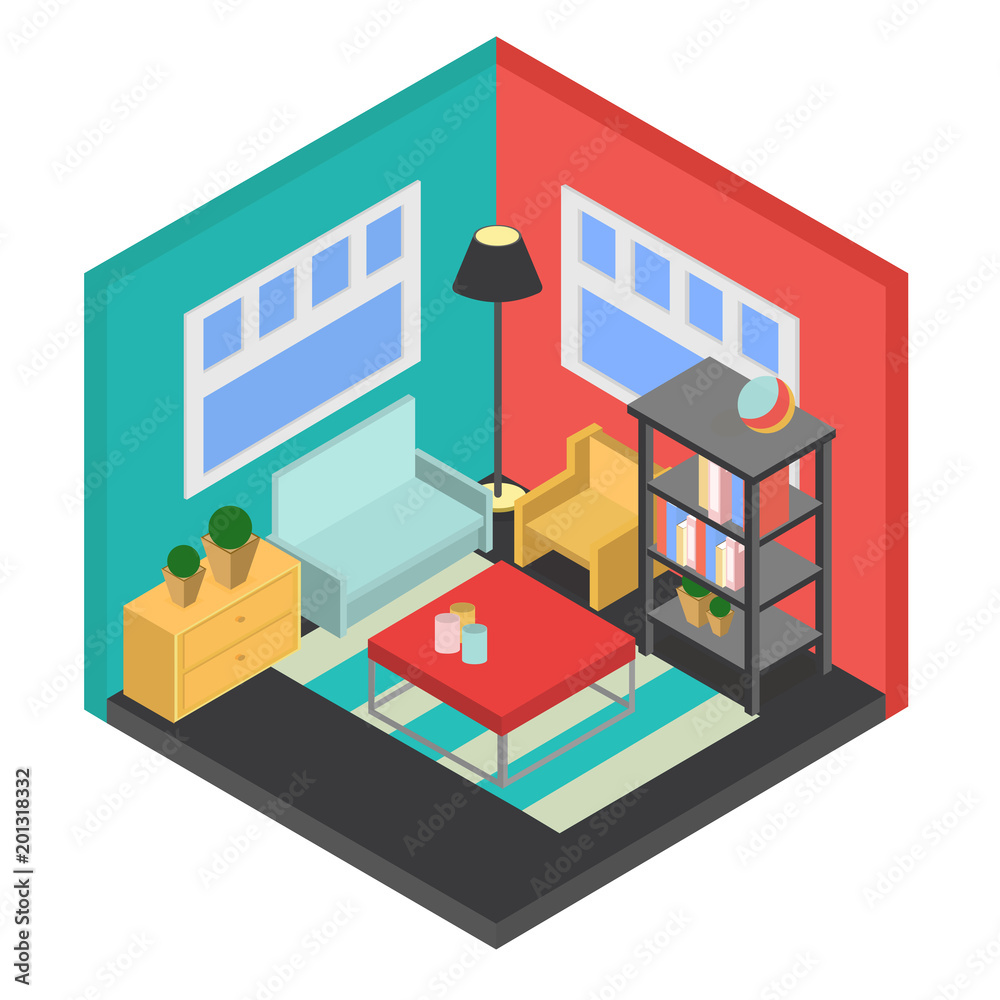 isometry room with armchairs, sofa, coffee table vector illustration