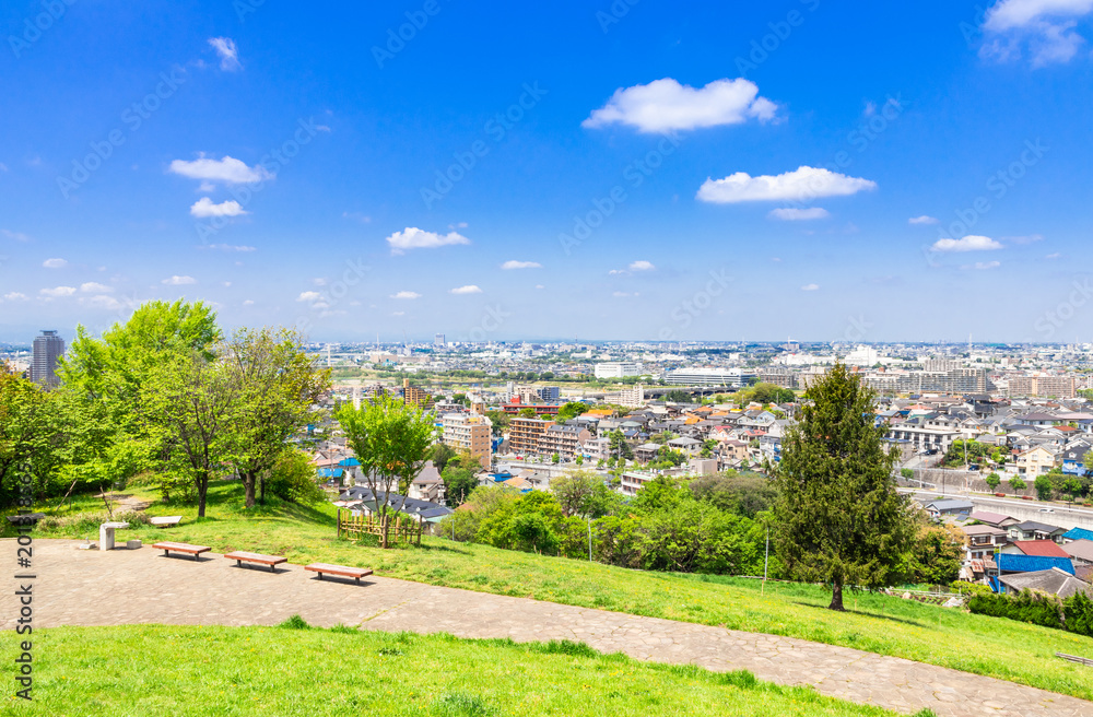 新緑の丘と住宅街 新緑の丘と住宅街