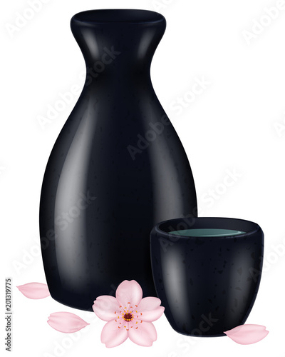 A bottle of Japanese sake with sakura flower and petals. Vector illustration.