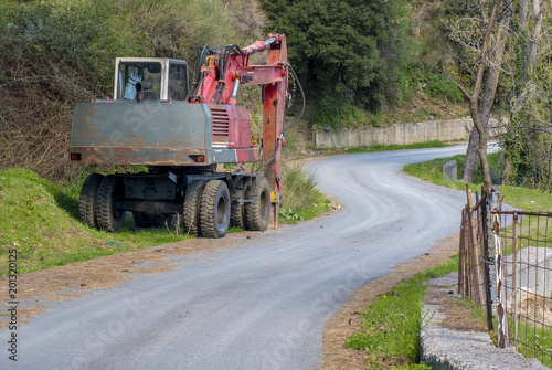 Construction road truck parked in countryside