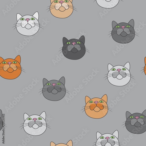 Amusing muzzles of colorful cats. Vector seamless pattern
