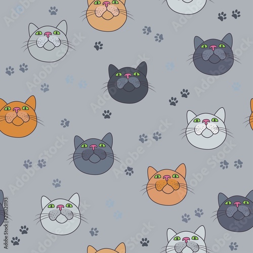 Amusing muzzles of colorful cats. Vector seamless pattern