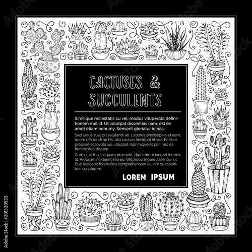 Vector square frame of doodles cactuses and succulents.