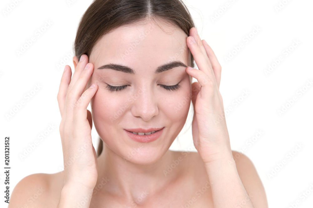Beautiful women self head Temporal massage to pain relief headache Beautiful women self head Temporal massage to pain relief headache