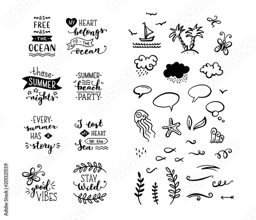 Vector set of hand-drawn lettering phrases and clipart elements.
