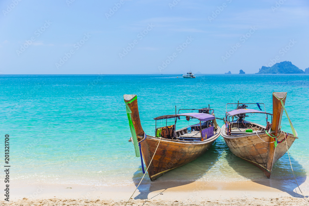 Thailand Andaman Sea Travel with Long tail boats on Tropical beach Summer Holiday