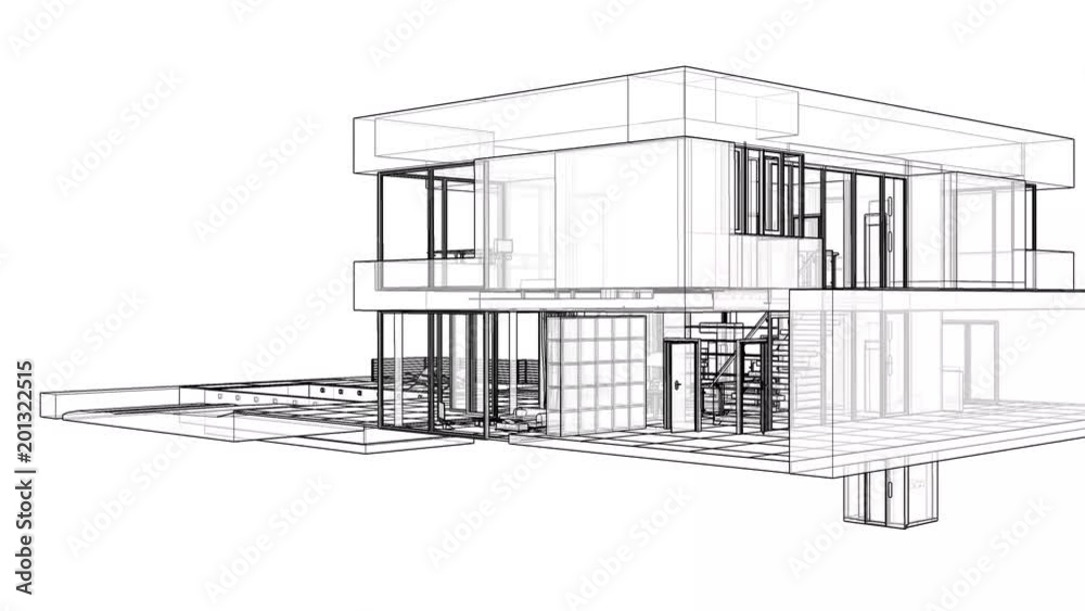 Construction of a residential building with a territory and a swimming pool. 3d graphics in lines with transparent walls