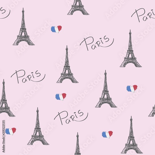 "Favorite Paris". Vector illustration with the image of the Eiffel Tower. Seamless Pattern