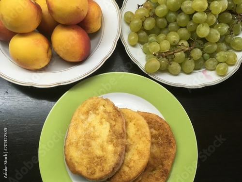 Breakfast with fruit and pancakes photo
