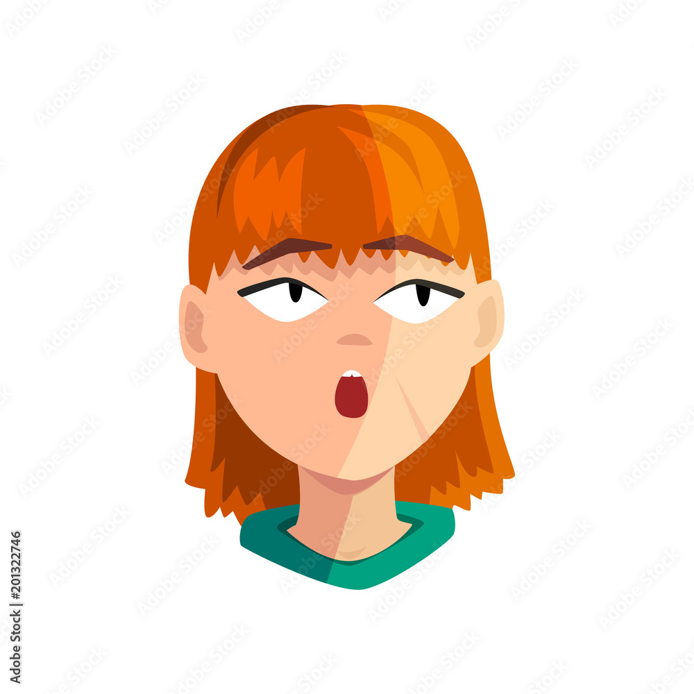 Surprised redhead girl, female emotional face, avatar with facial expression vector Illustration on a white background Surprised redhead girl, female emotional face, avatar with facial expression vector Illustration on a white background