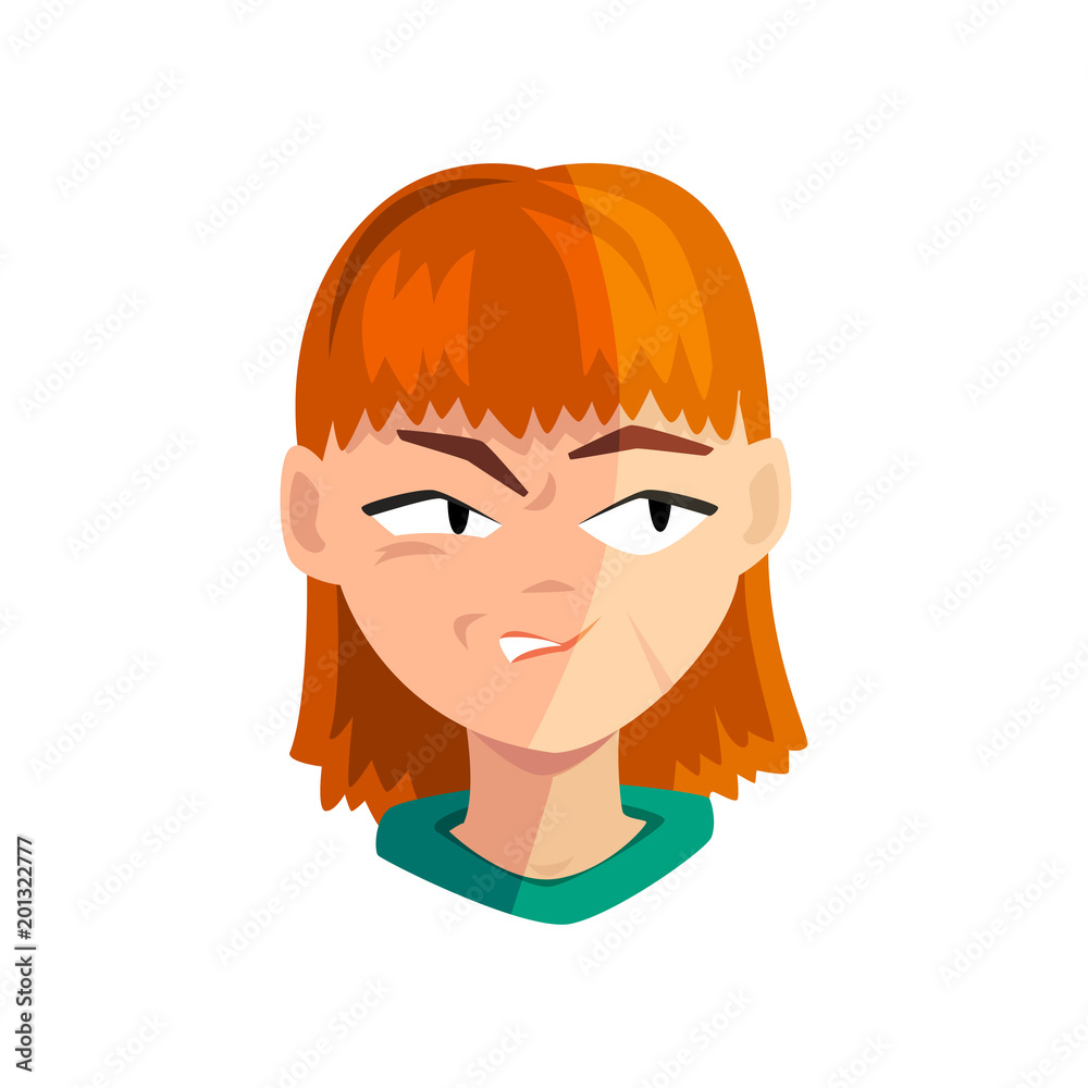 Angry redhead girl, female emotional face, avatar with facial expression vector Illustration on a white background Angry redhead girl, female emotional face, avatar with facial expression vector Illustration on a white background
