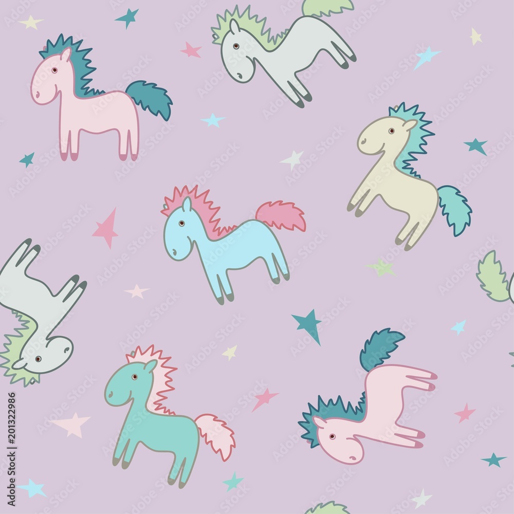 Background with multi-colored ponies with a bright mane. Children's illustration. Seamless vector pattern
