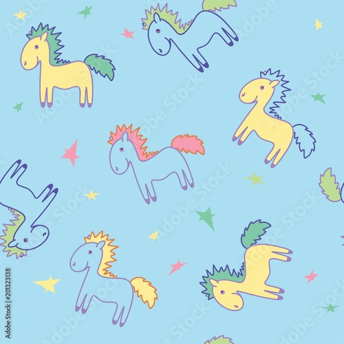 Background with multi-colored ponies with a bright mane. Children's illustration. Seamless vector pattern