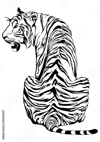 Tiger sit down and look back design for tribal tattoo vector with white background