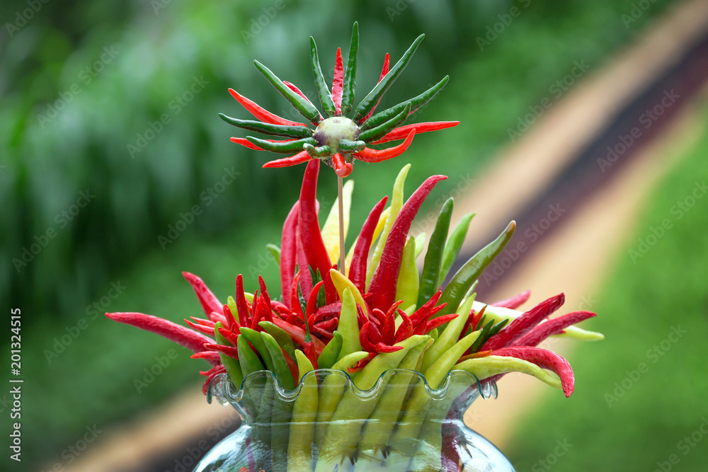Decorate chili and herbal plants in a glass. Decorate chili and herbal plants in a glass.