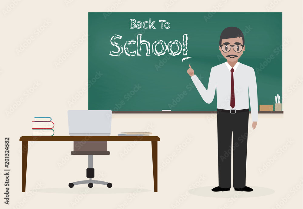 Male teacher and Back to school text on chalkboard in classroom background