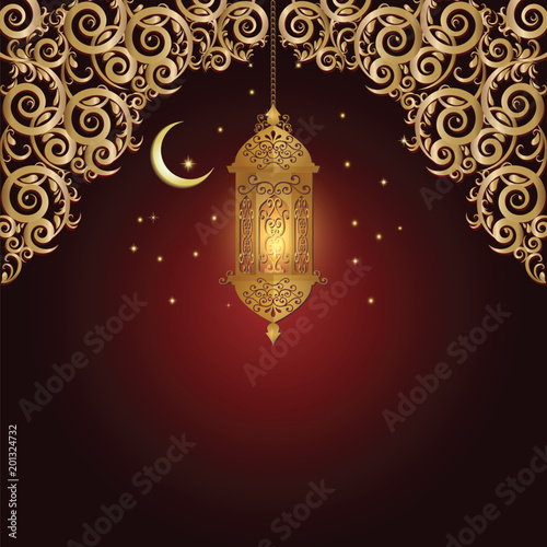 Golden Lantern and moon with gold ornamental decoration glowing Islamic style