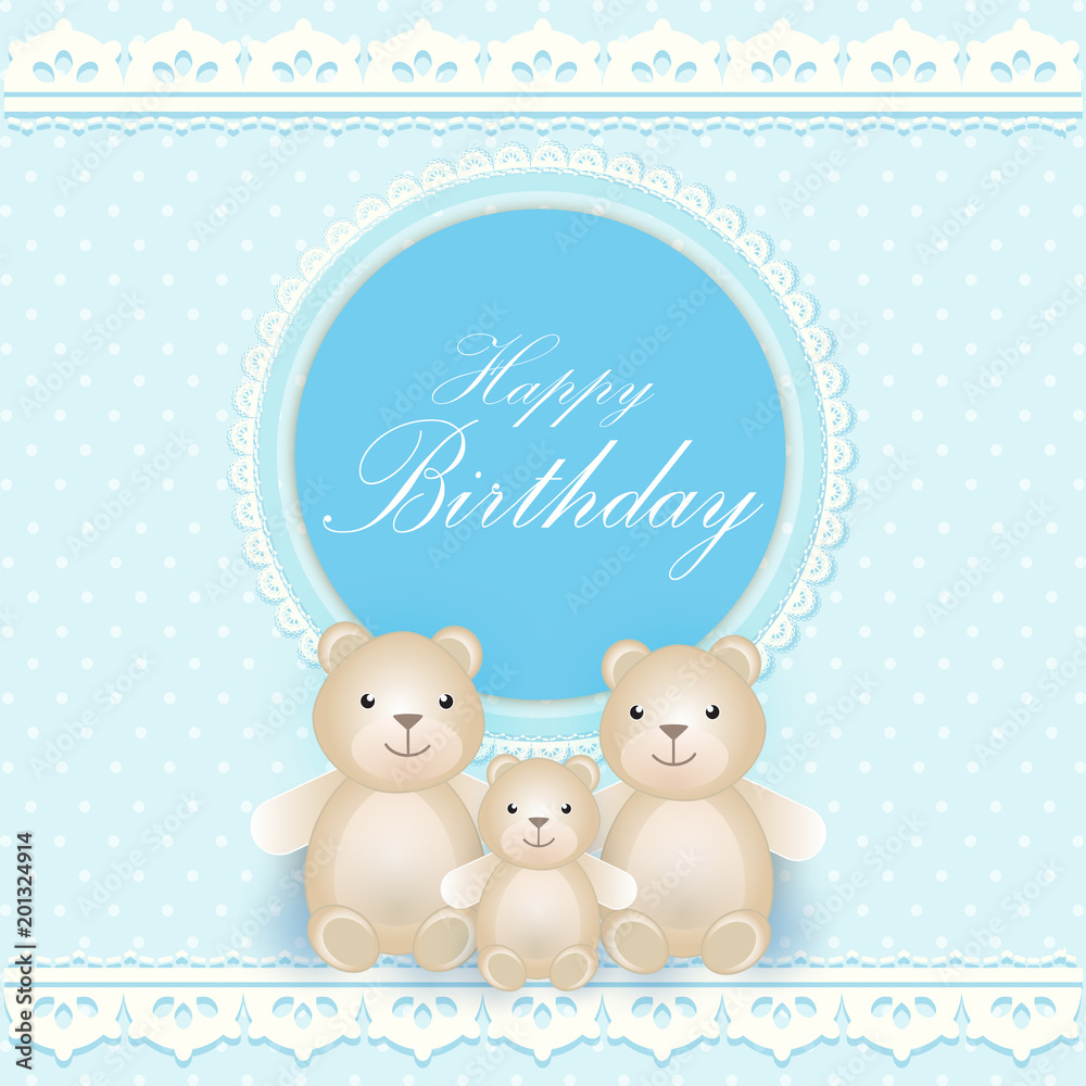 Round retro frame with bear family Greeting card, Happy Birthday card, Invitation blue background Round retro frame with bear family Greeting card, Happy Birthday card, Invitation blue background