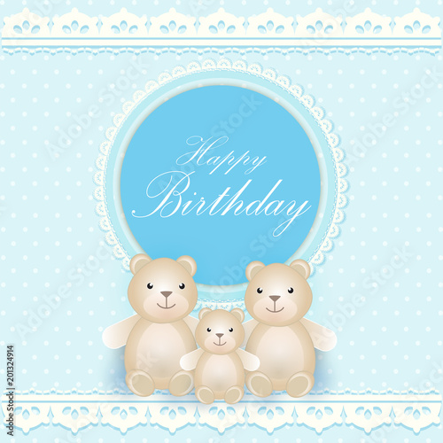 Round retro frame with bear family Greeting card, Happy Birthday card, Invitation blue background