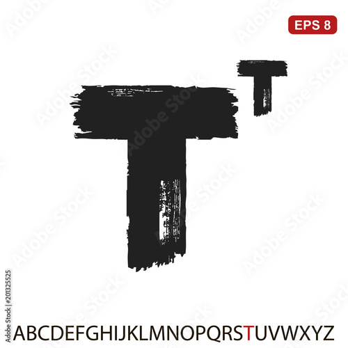 Black capital handwritten vector letter "T" on a white background. Drawn by semi-dry brush with unpainted areas.