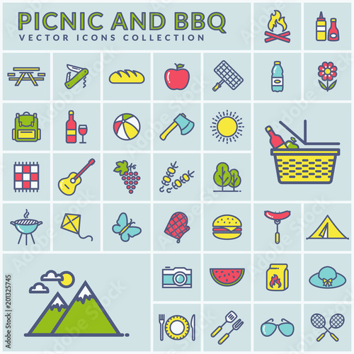 Picnic and barbecue modern colorful icons. Vector.
