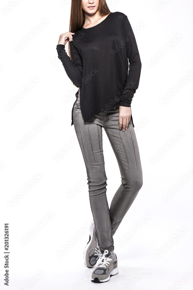 woman stand up wearing clothes isolated white background. woman stand up wearing clothes isolated white background.
