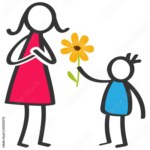 Simple colorful stick figures family, boy giving flower to mother on Mother's Day, birthday isolated on white background photo