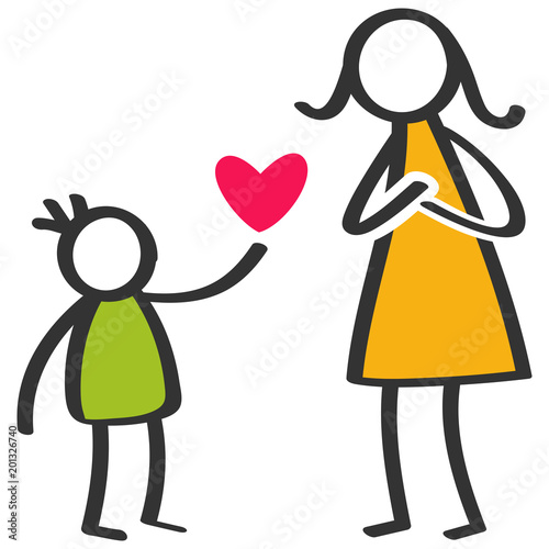 Simple colorful stick figures family, boy giving love, heart to mother on Mother's Day, birthday isolated on white background