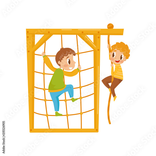 Boys climbing net rope, kids on a playground vector Illustration on a white background