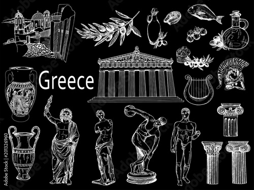 Set of hand drawn sketch style Greek themed objects isolated on black background. Vector illustration.