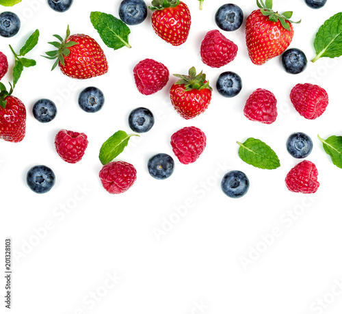 Fresh Berries mix isolated on white background. Various Berries set. Top view 
