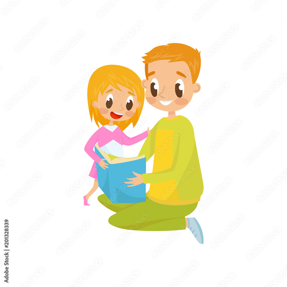 Dad reading a book to his little daughter, family, early development concept vector Illustration on a white background Dad reading a book to his little daughter, family, early development concept vector Illustration on a white background