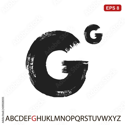 Black capital handwritten vector letter "G" on a white background. Drawn by semi-dry brush with unpainted areas.