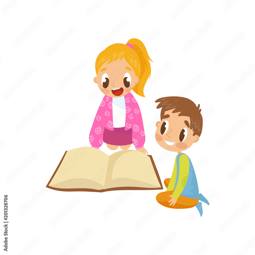 Cute little kids sitting on the floor and reading a book, early development concept vector Illustration on a white background