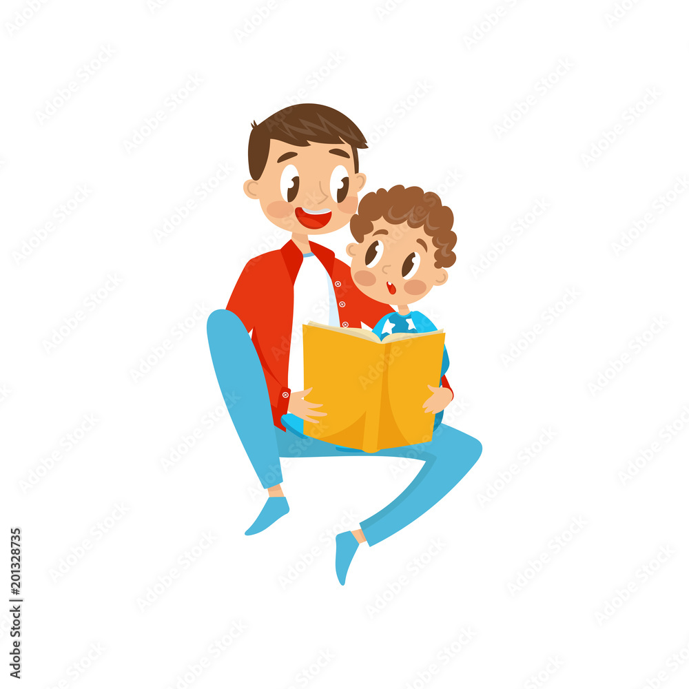 Father and son sitting on the floor and reading a book, young man with little son sitting on his knees, family, early development concept vector Illustration on a white background Father and son sitting on the floor and reading a book, young man with little son sitting on his knees, family, early development concept vector Illustration on a white background