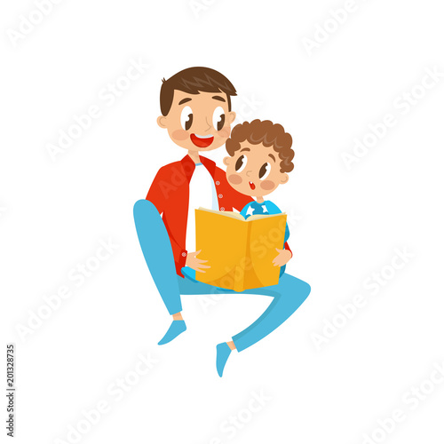Father and son sitting on the floor and reading a book, young man with little son sitting on his knees, family, early development concept vector Illustration on a white background