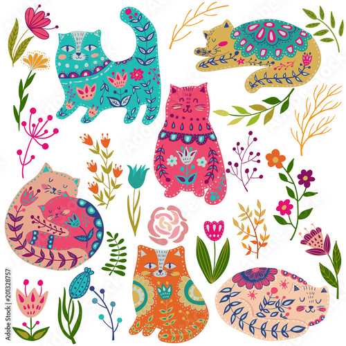 Folk set vector colorful illustration with beautiful cat and flowers. Scandinavian style.
