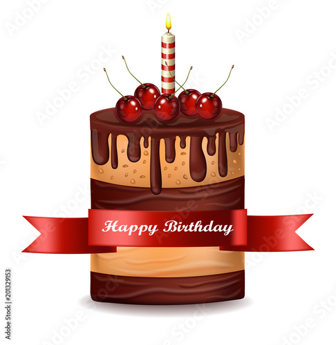 Happy Brithday cake Vector. Chocolate cake with cherry on top